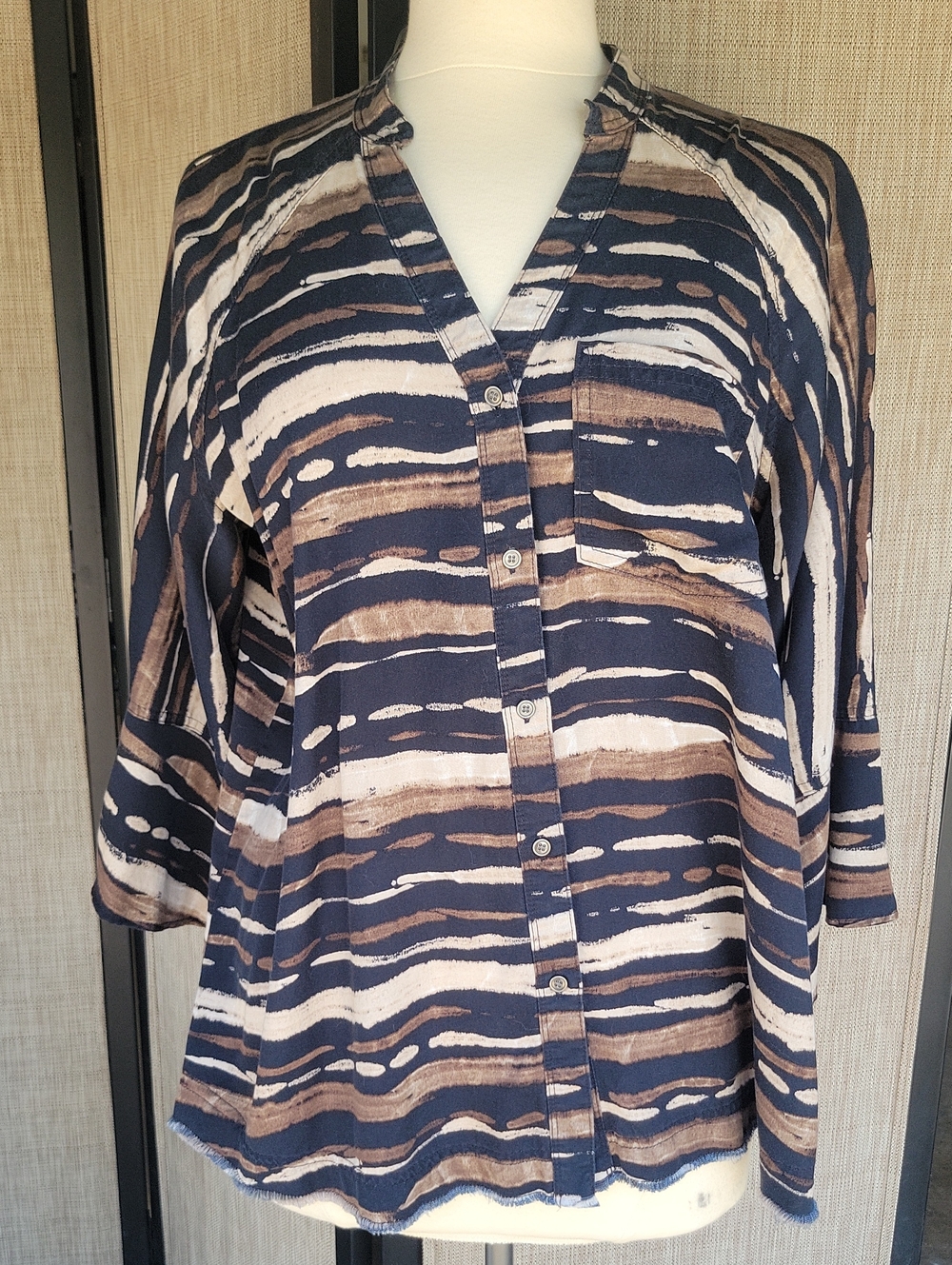 Westbound Striped Black, Cream & Brown Button-Front Blouse